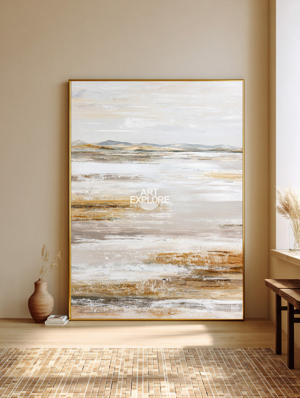 Large Vertical Beige Landscape, Wabi-Sabi Textured Minimalist Canvas ArtExplore