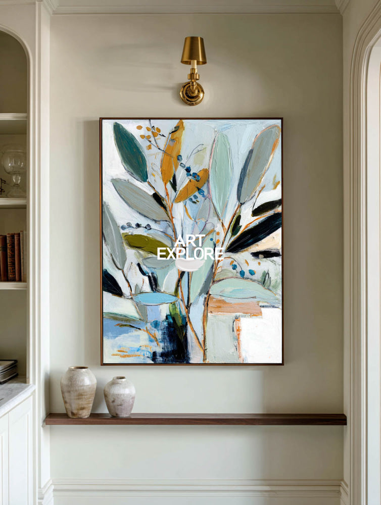Large Vertical Botanical Art Ready to Hang Blue & Ochre Painting