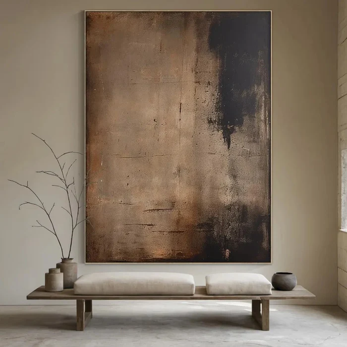 Large Vertical Brown Textured Painting – Wabi-Sabi Oil Art | ArtExplore