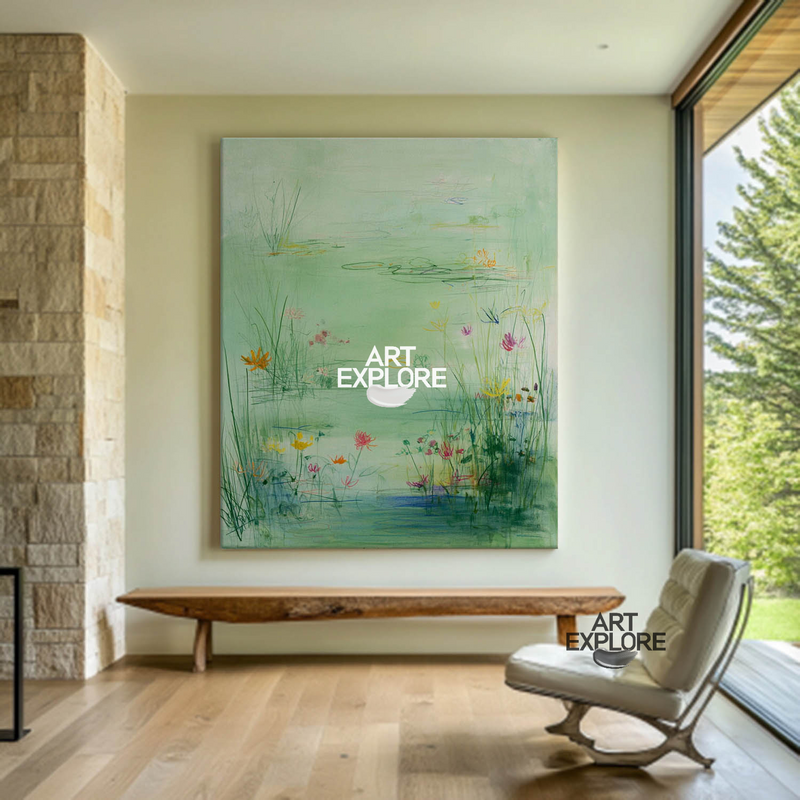 Large Vertical Landscape Painting | Green Nature Lotus Wall Decor ArtExplore