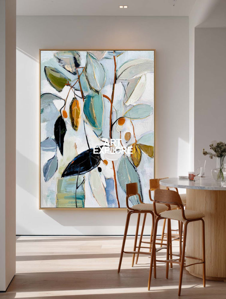 Large Vertical Nature Canvas Painting Blue and White Leaf Art