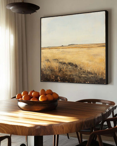 Large Village Autumn Field Painting Brown Countryside Vintage Wall Art Minimalist Wall Art For Sale