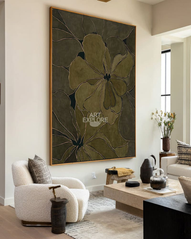Large Wabi-Sabi Floral Canvas Art, Minimalist Dark Green Wall Decor | ArtExplore