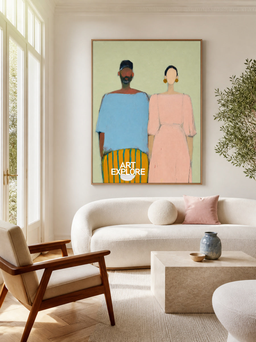 Modern Abstract Couple Painting Blue Pink Original Art For Living Room