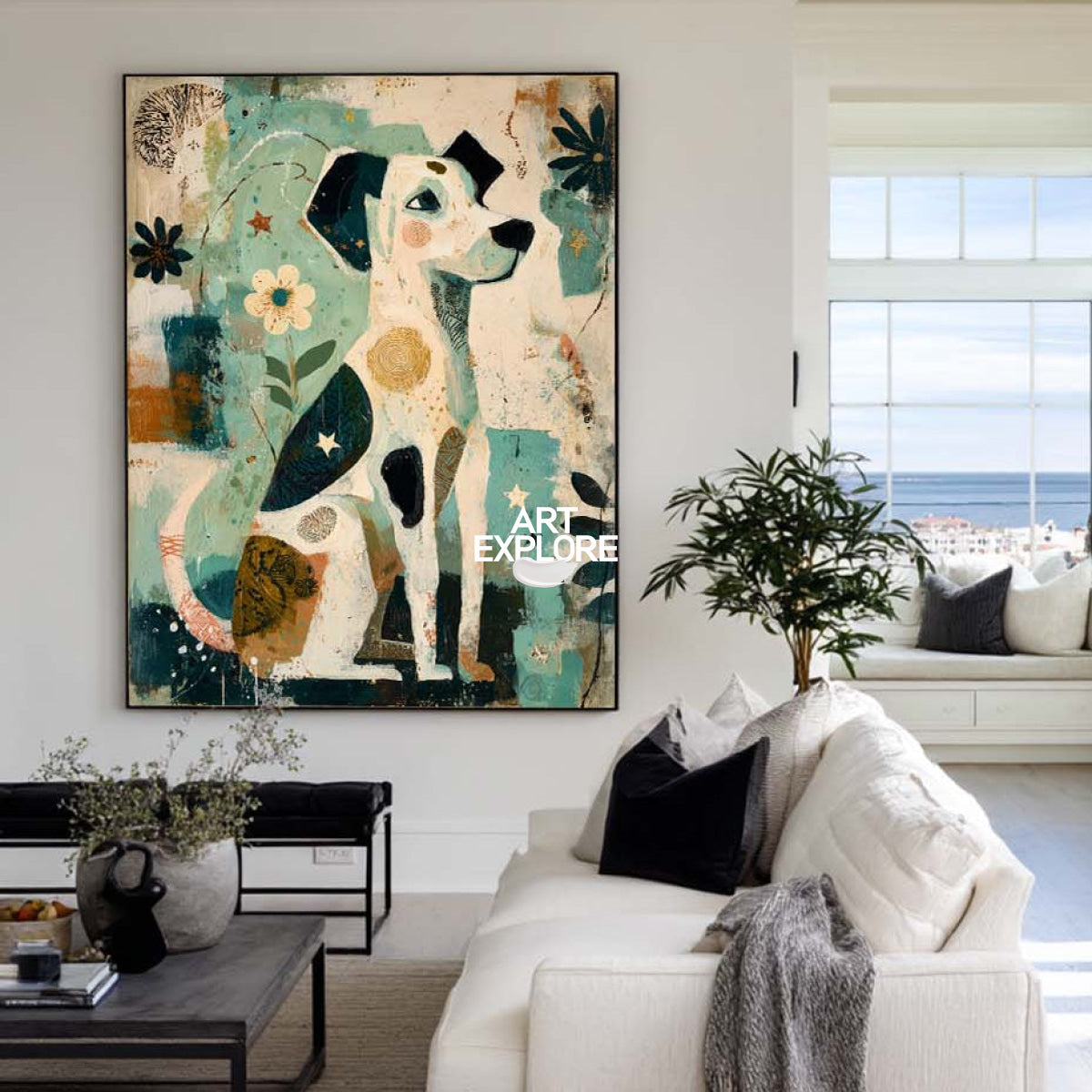 Abstract Dog Painting With Floral Motifs In Beige And Teal For Living Room Decor