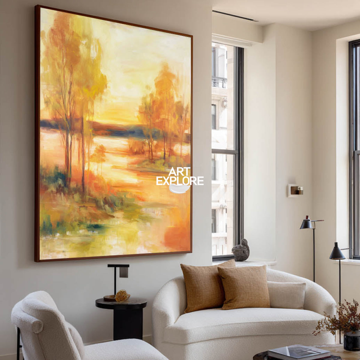 Golden Sunset Abstract Art Vertical Canvas Painting For Office Or Dining Room