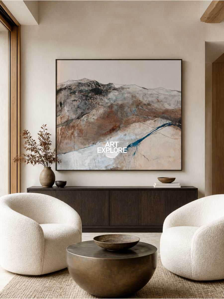 Contemporary Abstract Expressionist Canvas Art In Warm Brown And Cool Blue Palette
