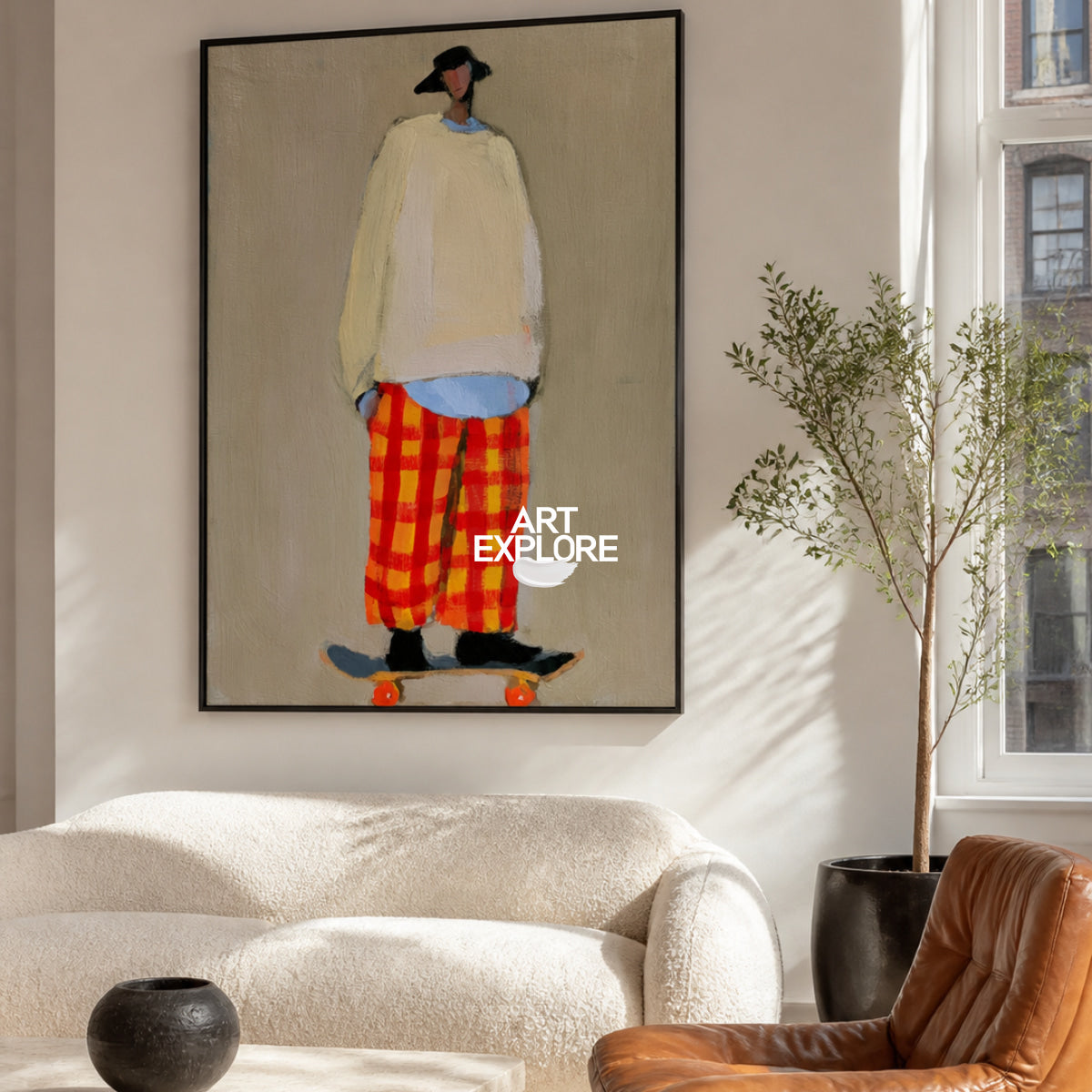 Vibrant Orange Plaid Figure Painting With Skateboard For Contemporary Interior