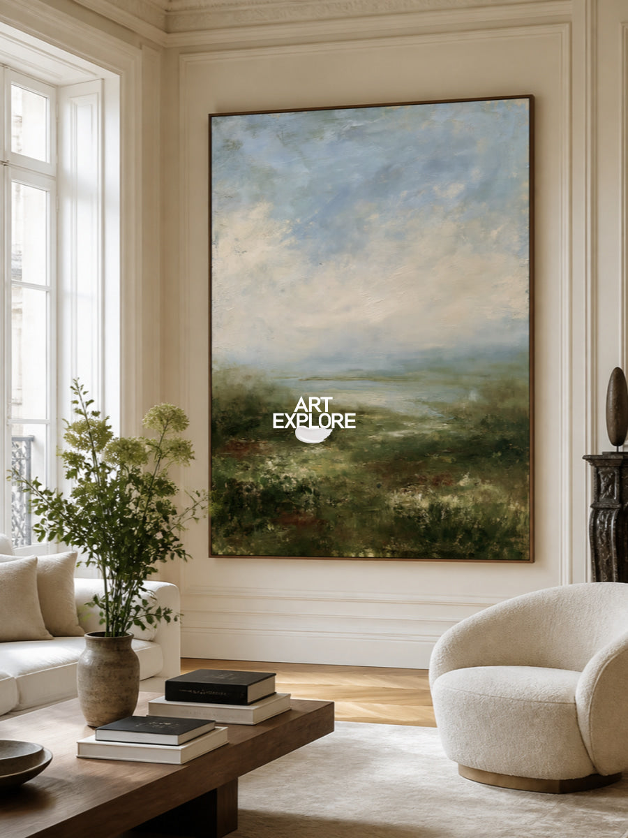 Misty Green Coastal Landscape Hand-Painted Canvas Art For Modern Home