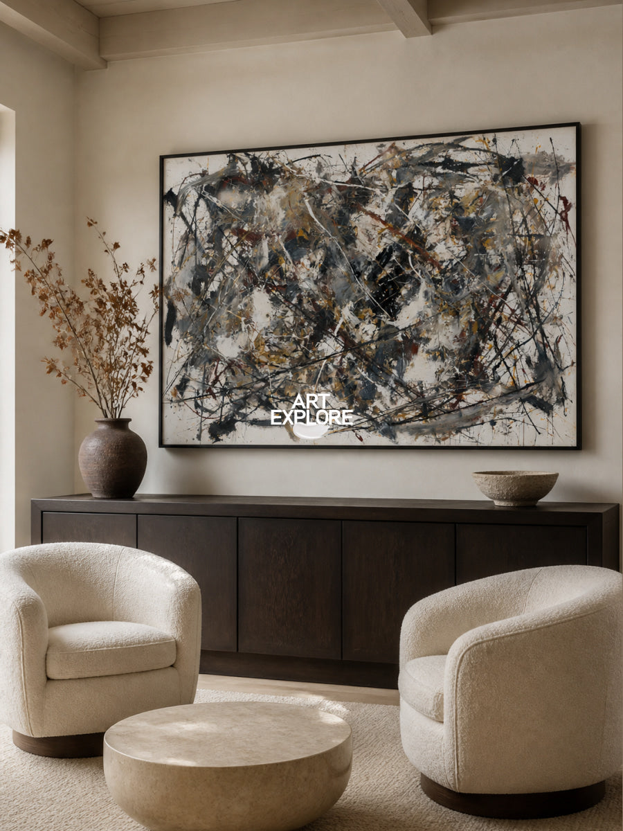 Bold Abstract Canvas Painting With Black And Beige Strokes For Modern Art Lovers