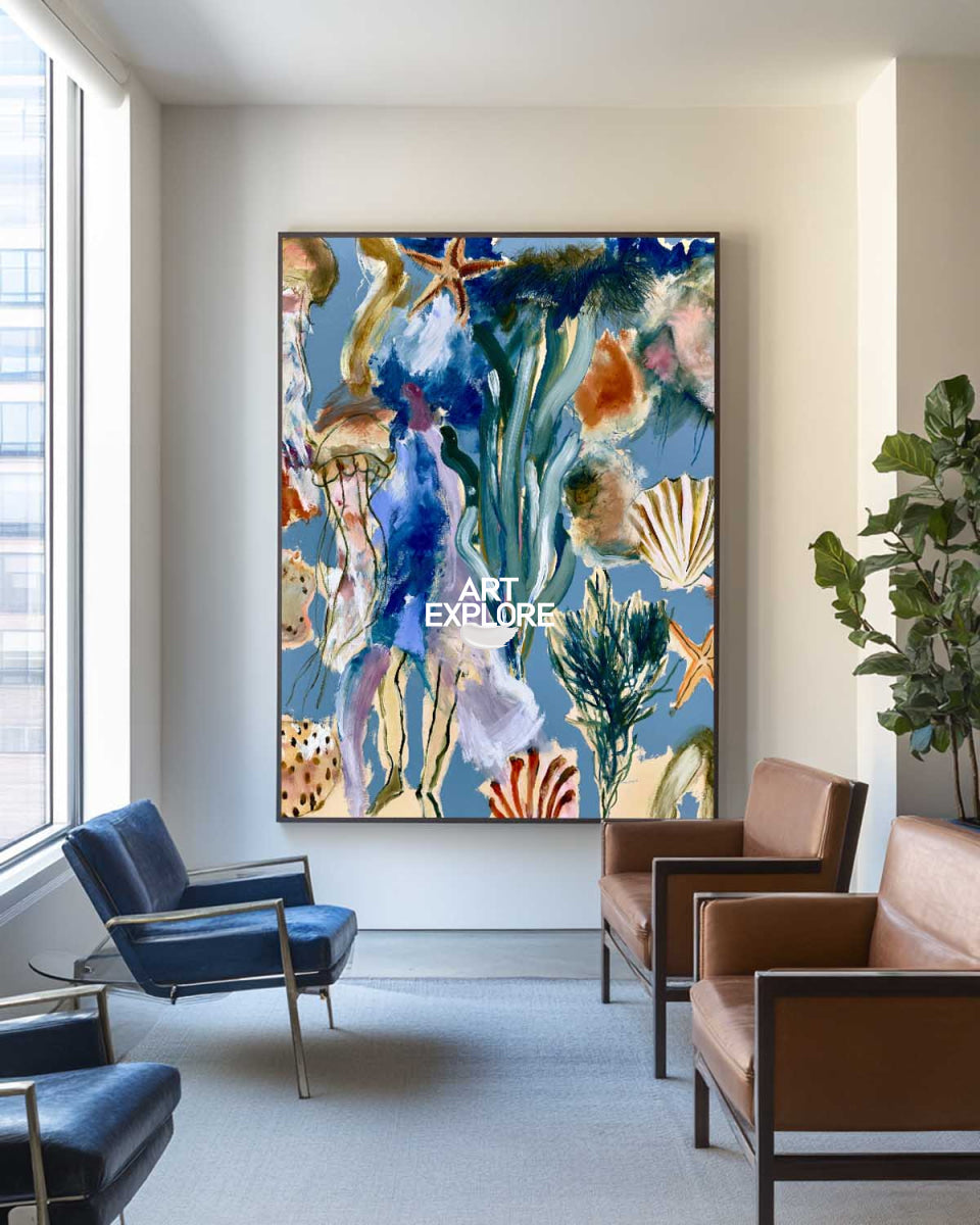 Abstract Seascape Canvas Painting With Starfish And Shells In Blue Green Tones