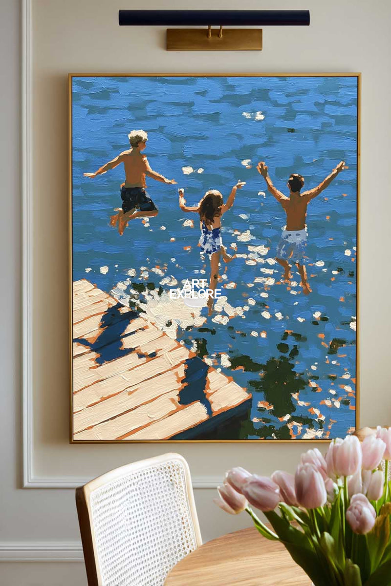 Abstract Blue Diving Art For Modern Coastal Living Room Decor