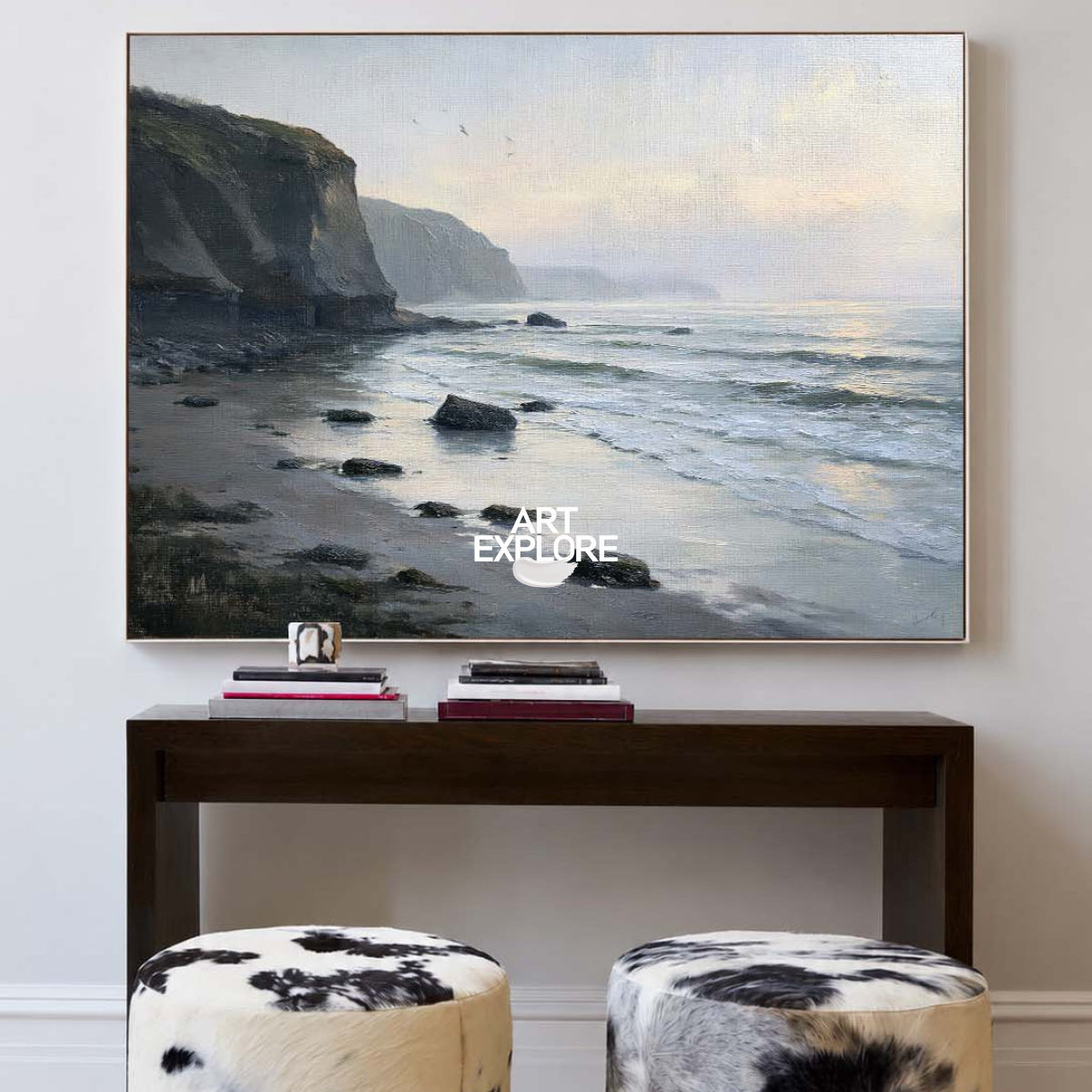 Original Coastal Seascape Painting Black And Grey Ocean Art For Living Room