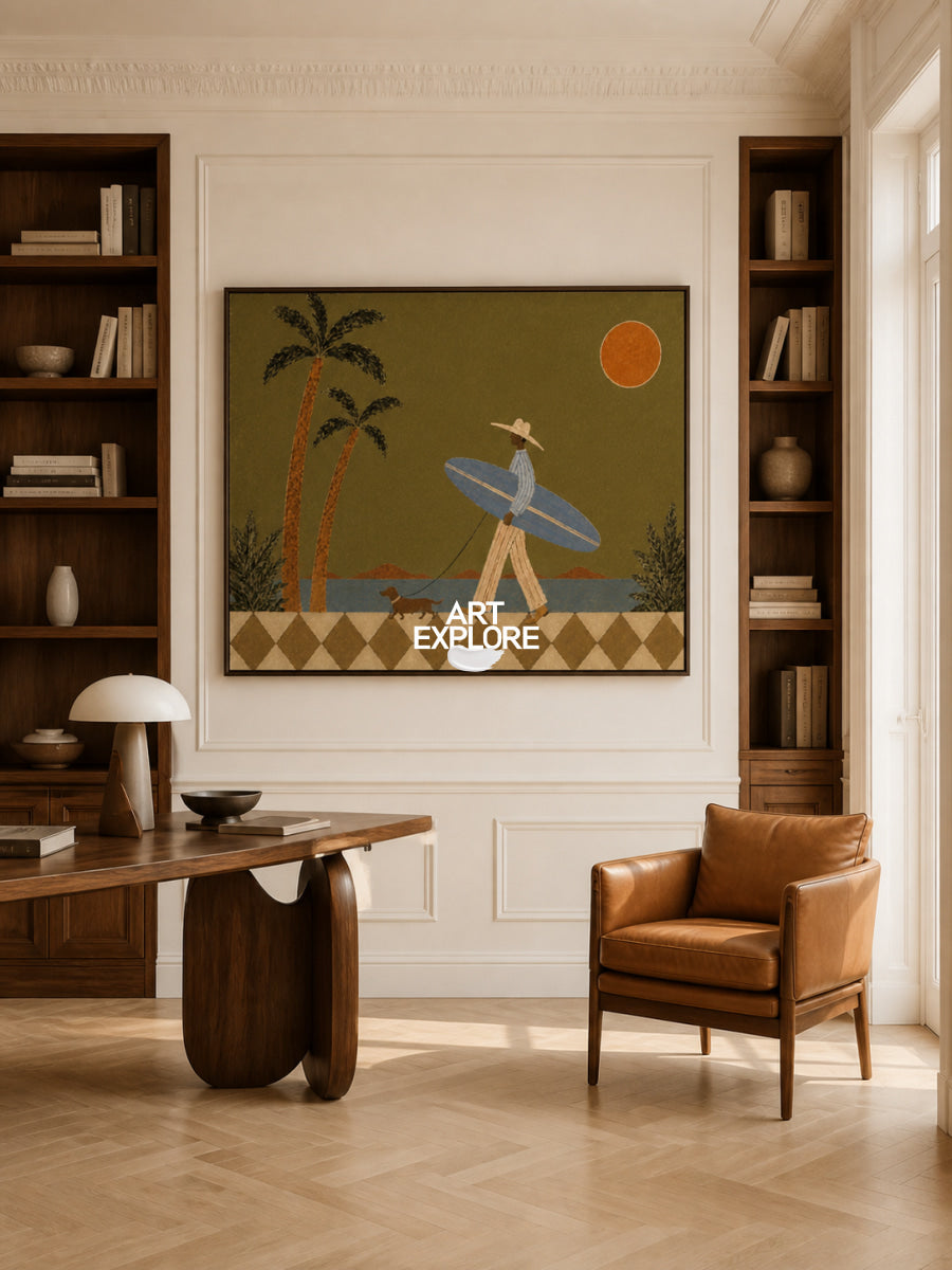 Surfer And Dog Folk Art Canvas Painting Green Coastal Wall Decor