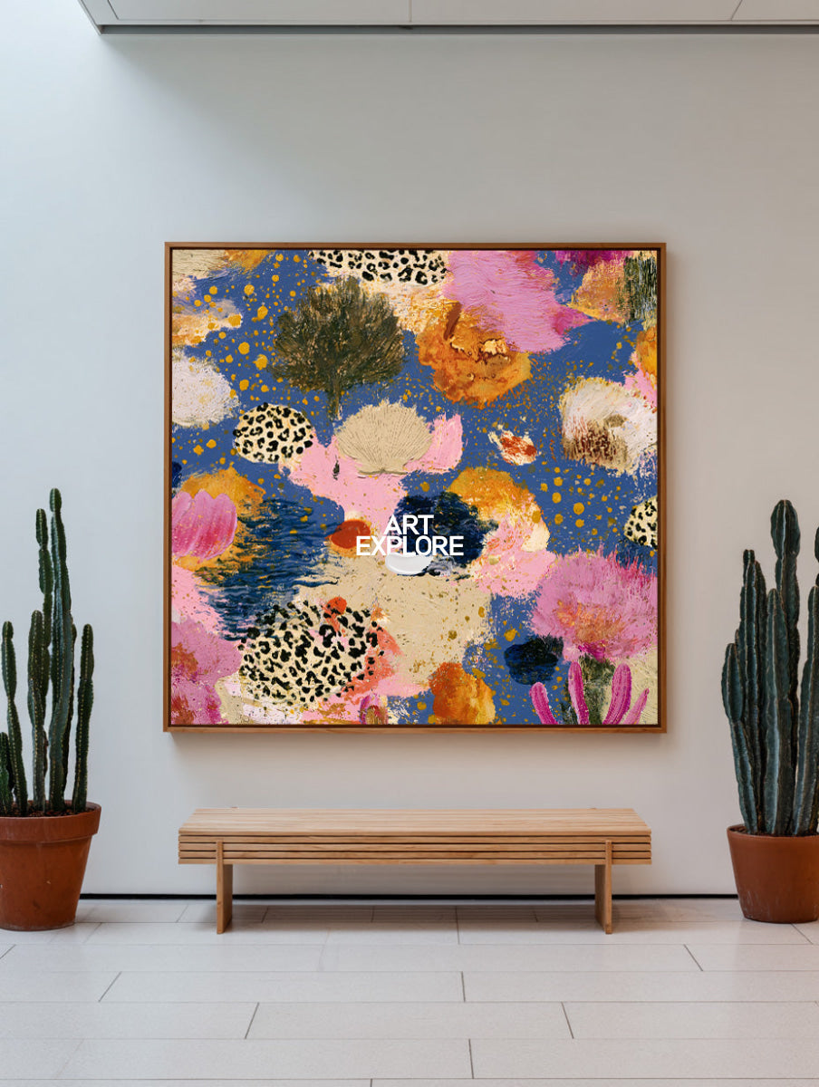Contemporary Pop Art Style Canvas With Textured Pink And Blue Flowers