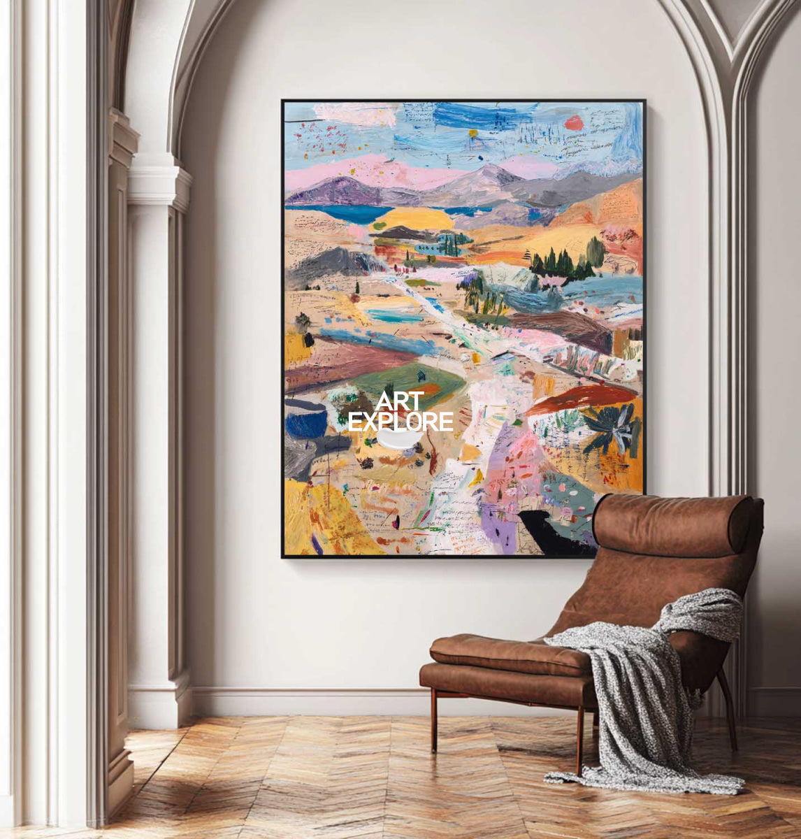 Abstract Pink Blue Landscape Painting Original Art For Modern Living Room Decor