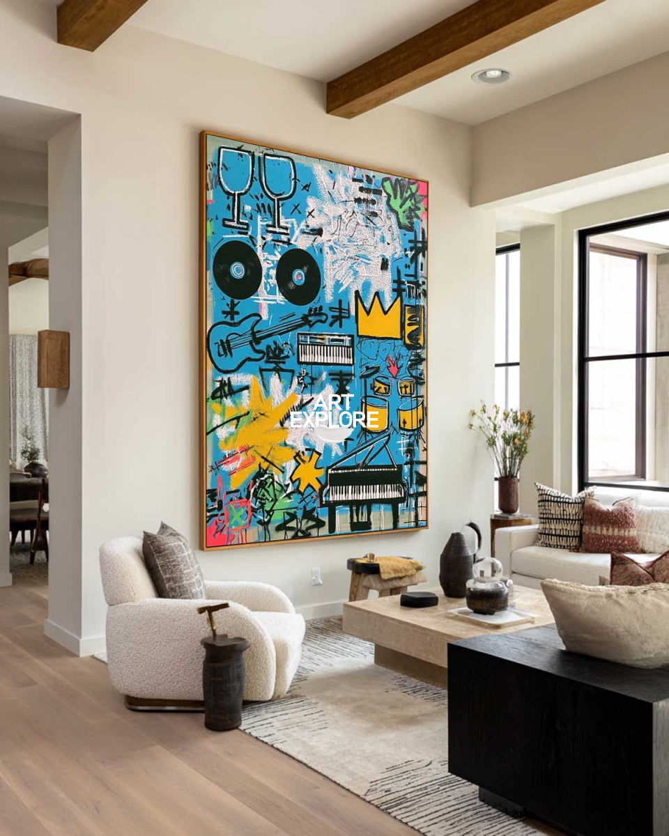 Abstract Graffiti Art Painting With Music Motifs In Blue For Modern Living Room Decor
