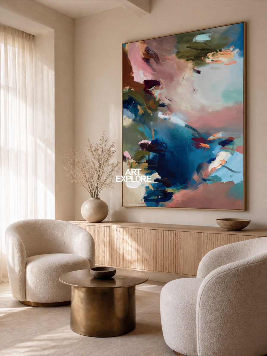 Modern Abstract Wall Art In Pink And Blue For Living Room And Bedroom Decor