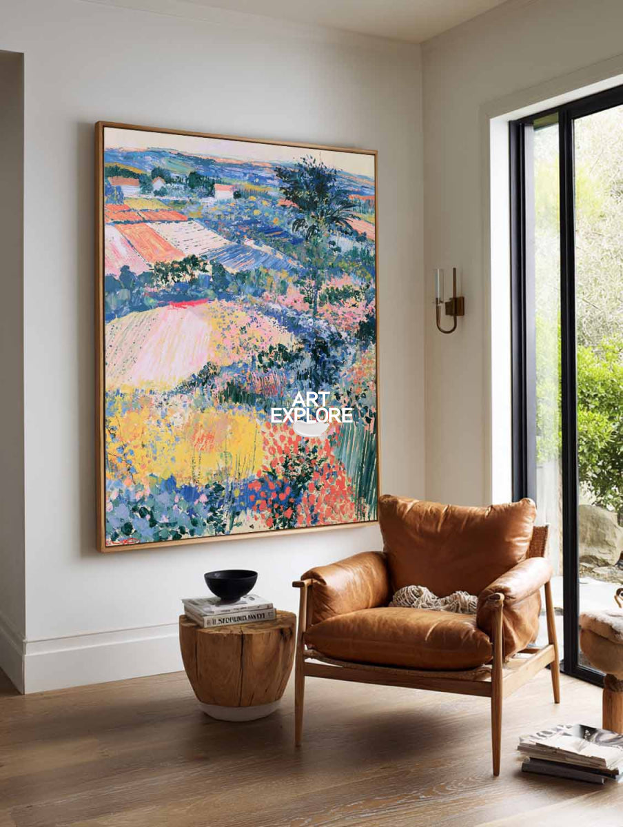 Hand-Painted Impressionist Countryside Landscape Canvas Painting In Blue And Pink