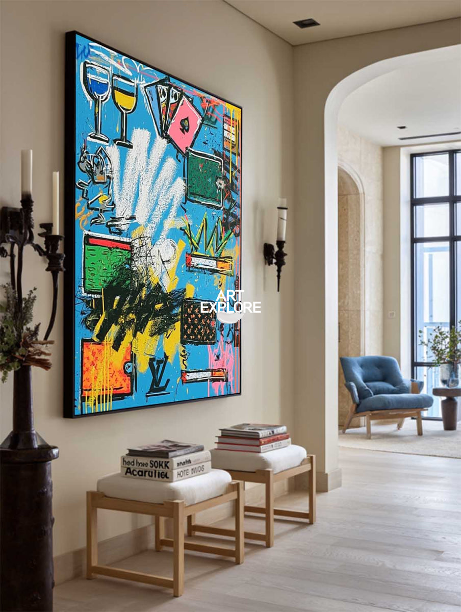 Original Graffiti Abstract Painting With Blue Background For Modern Urban Home Decor