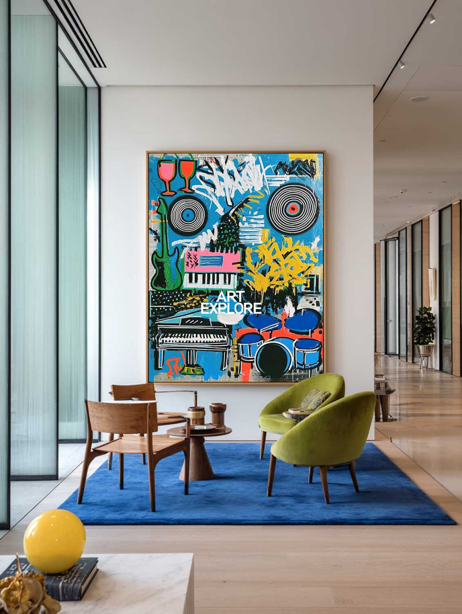 Vibrant Graffiti Music Painting With Blue Urban Jazz Instruments For Modern Home Decor