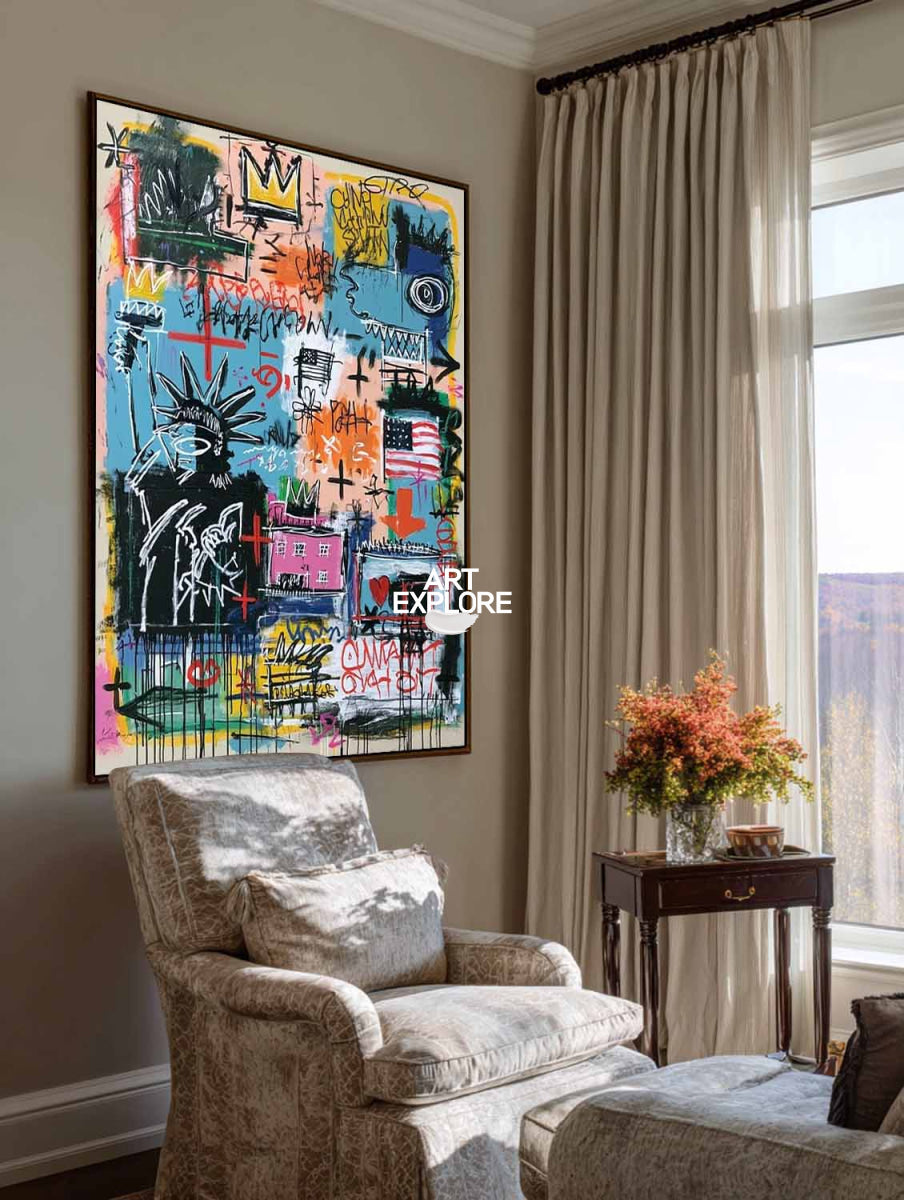 Colorful Abstract Urban Artwork With Statue Of Liberty For Creative Office Wall