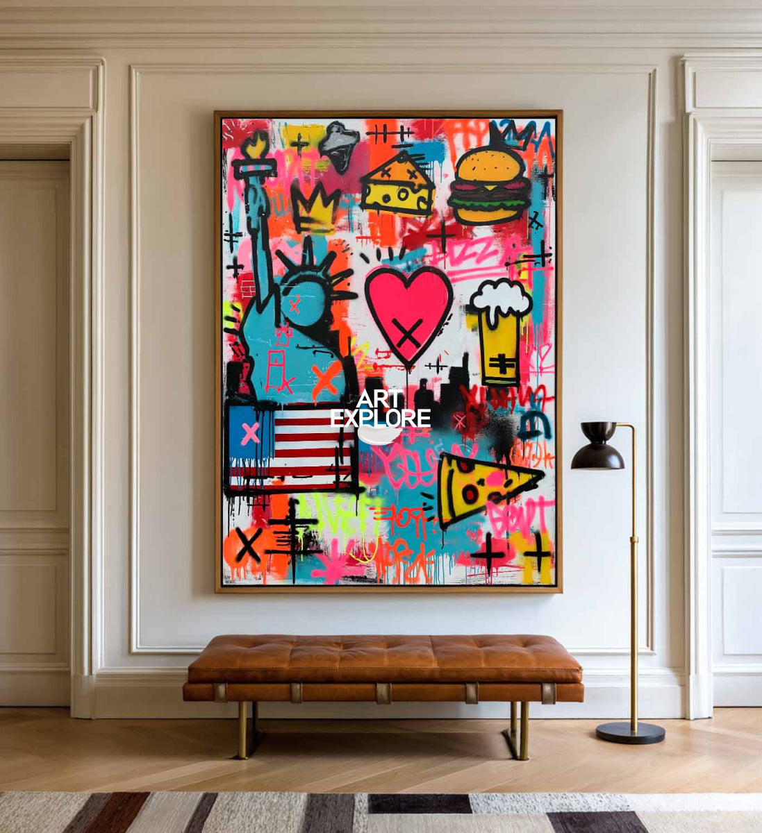 Hand-Painted Urban Graffiti Canvas With Pink Heart And Crown Pop Art
