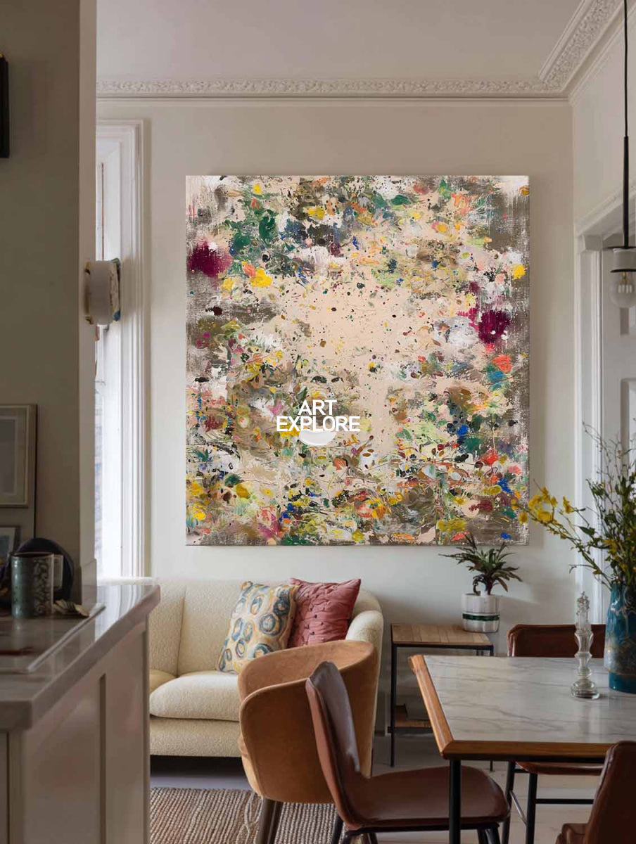 Abstract Beige And Brown Canvas Painting With Colorful Splashes