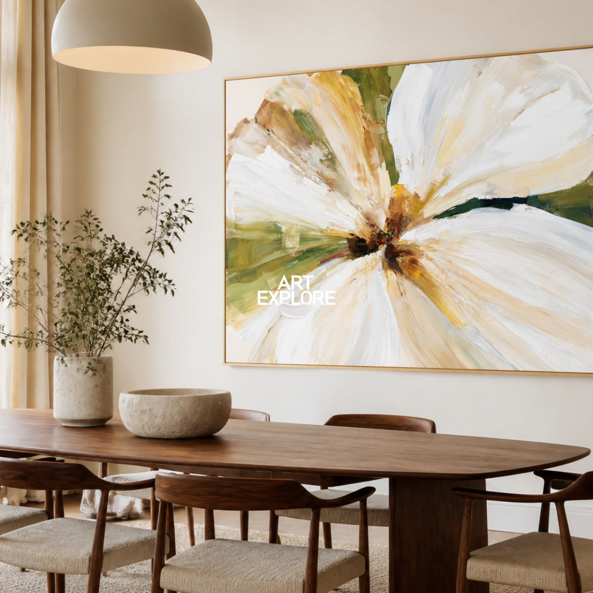 Modern Horizontal Wall Art For Living Room Abstract Flower In Beige White