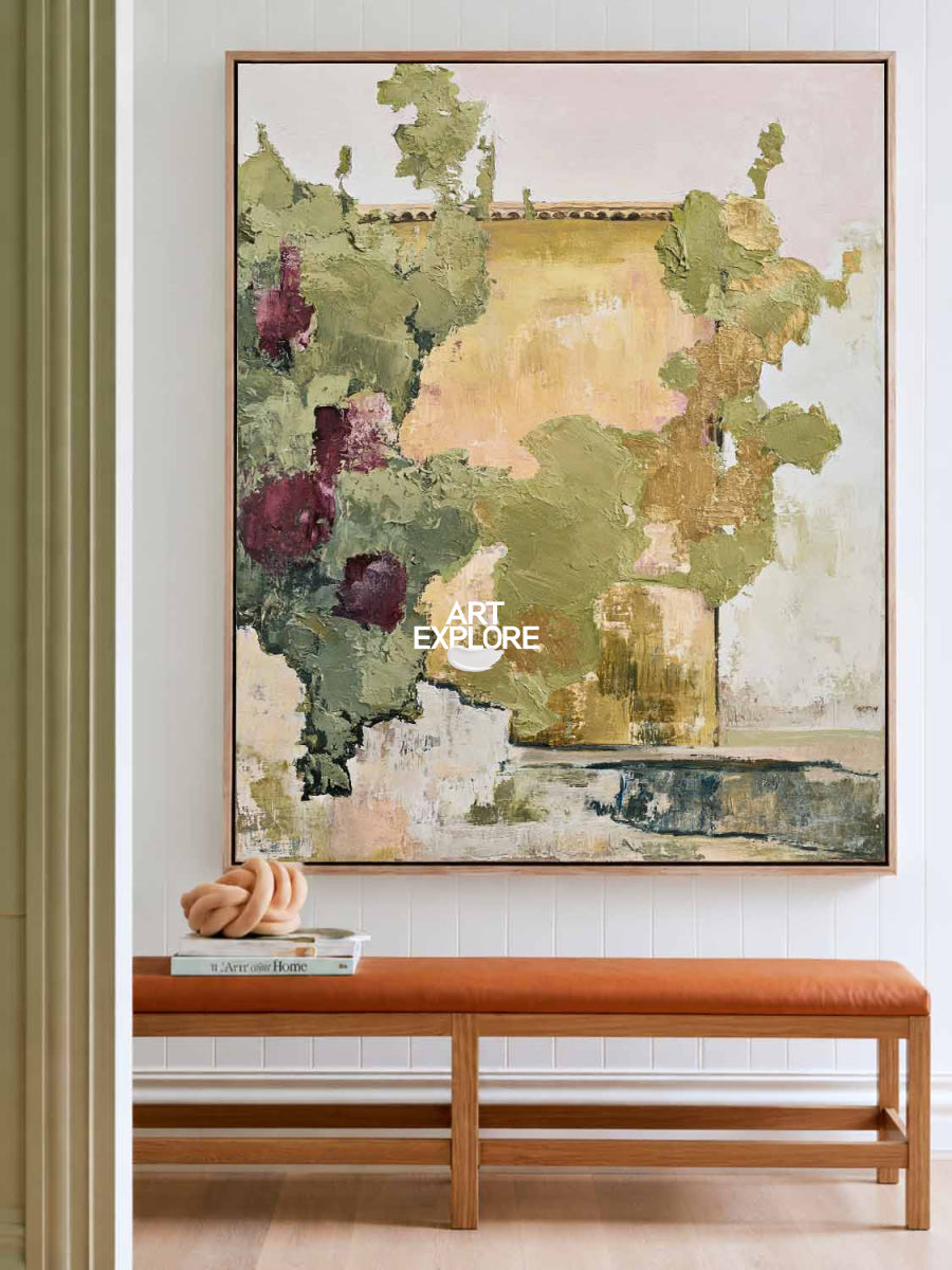 Abstract Floral Garden Canvas Painting With Purple And Green Tones