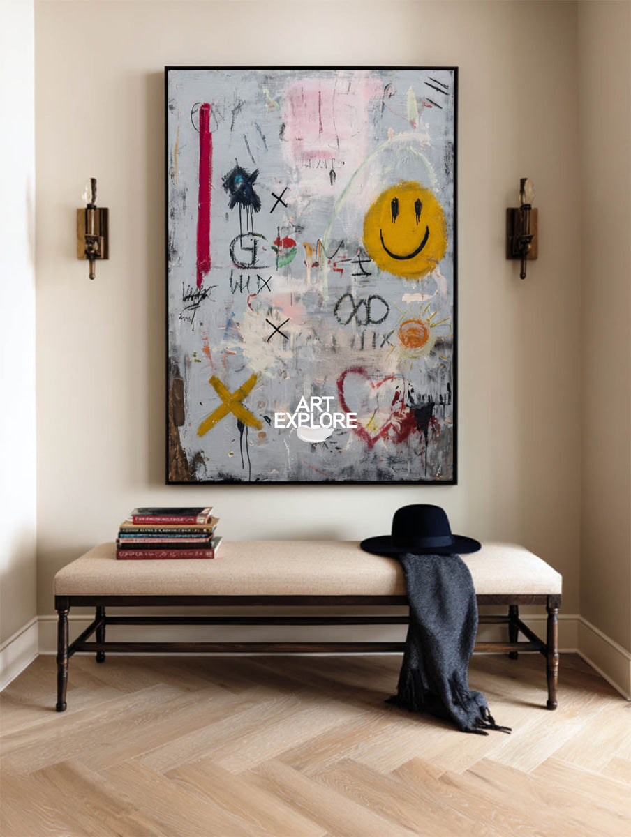 Vibrant Abstract Pop Art Canvas With Smile Icon For Playful Home And Game Room Walls