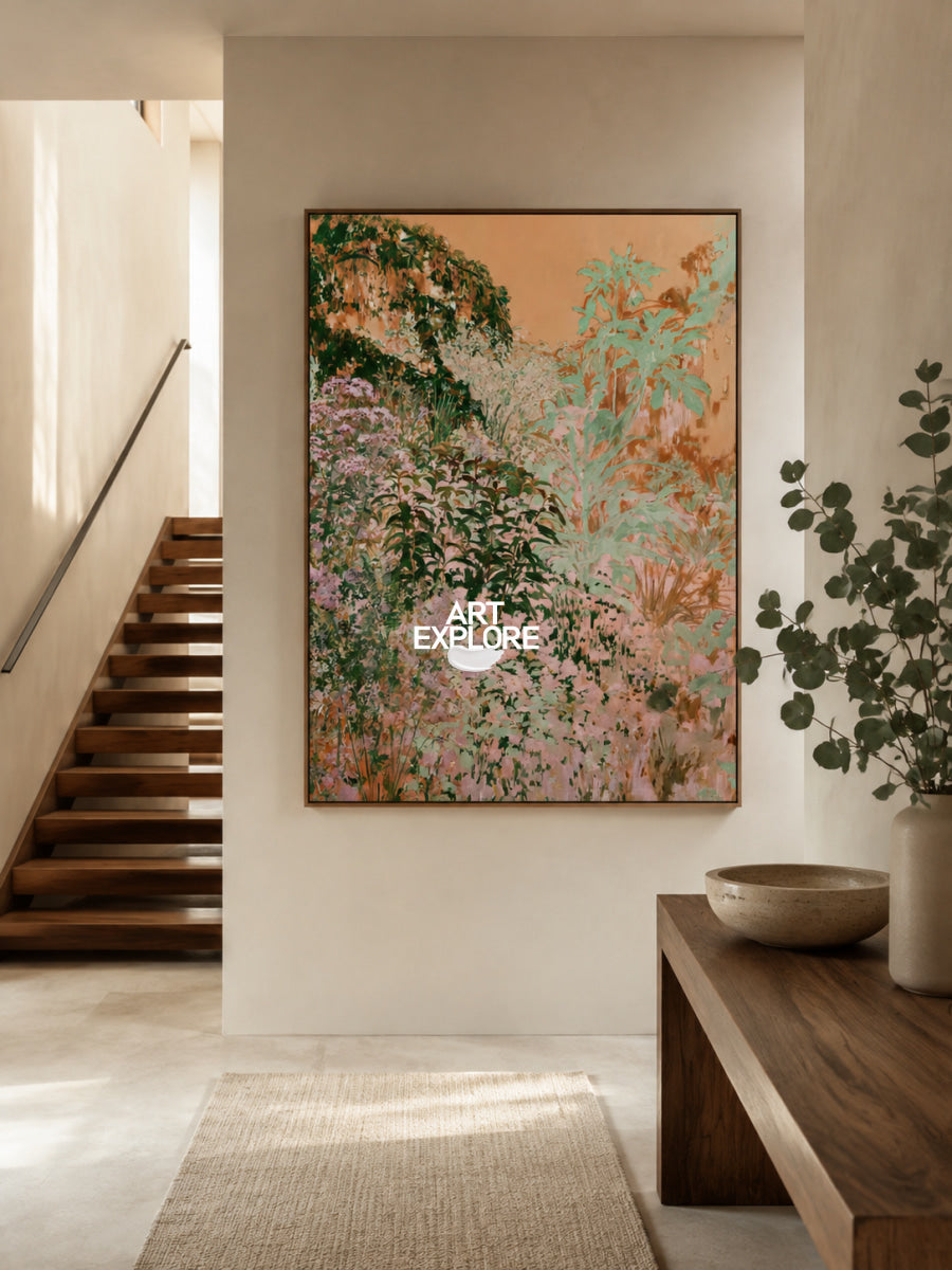 Hand-Painted Abstract Art In Pink And Green For Modern Organic Decor