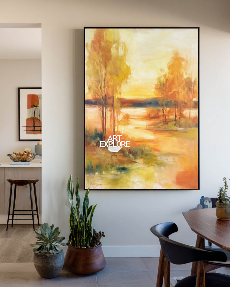 Golden Sunset Abstract Art Vertical Canvas Painting For Office Or Dining Room