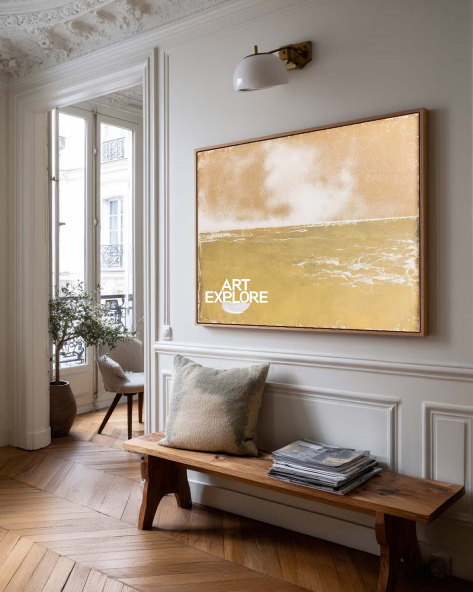 Original Minimalist Seascape Art In Gold And White For Living Room Wall