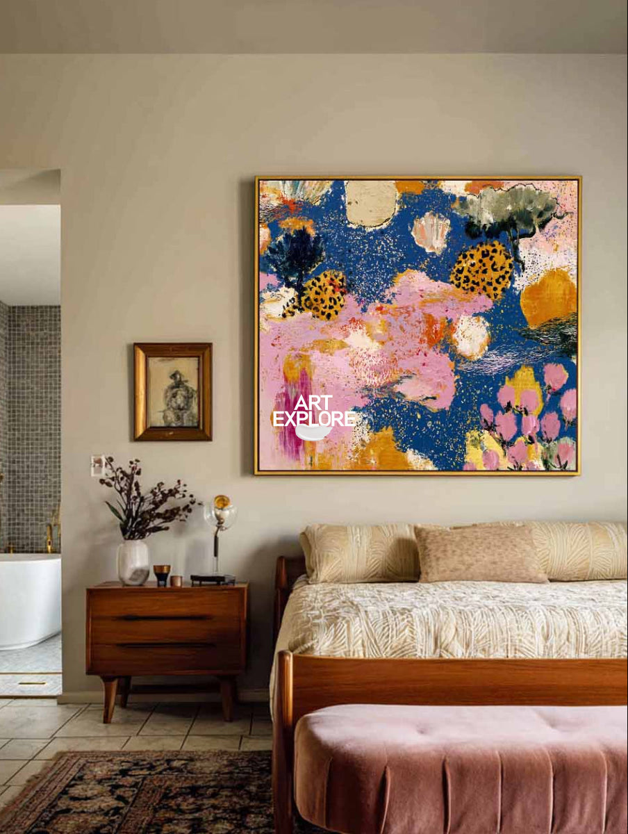 Colorful Abstract Floral Canvas Painting With Pink And Blue Tones For Modern Home Decor