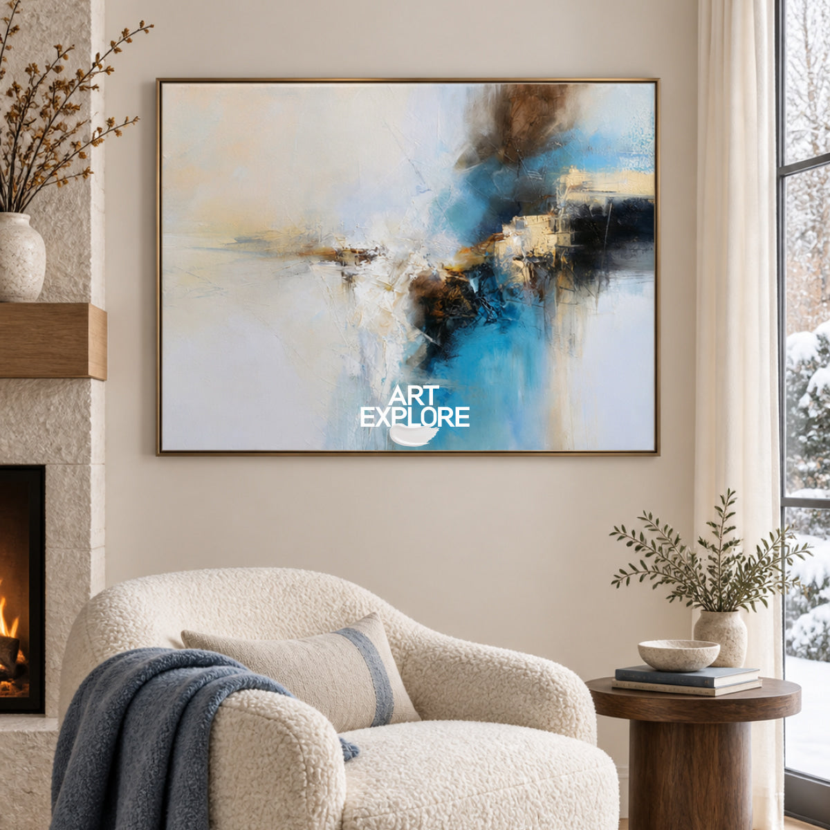 Abstract Blue And White Canvas Painting With Brown Accents For Modern Decor