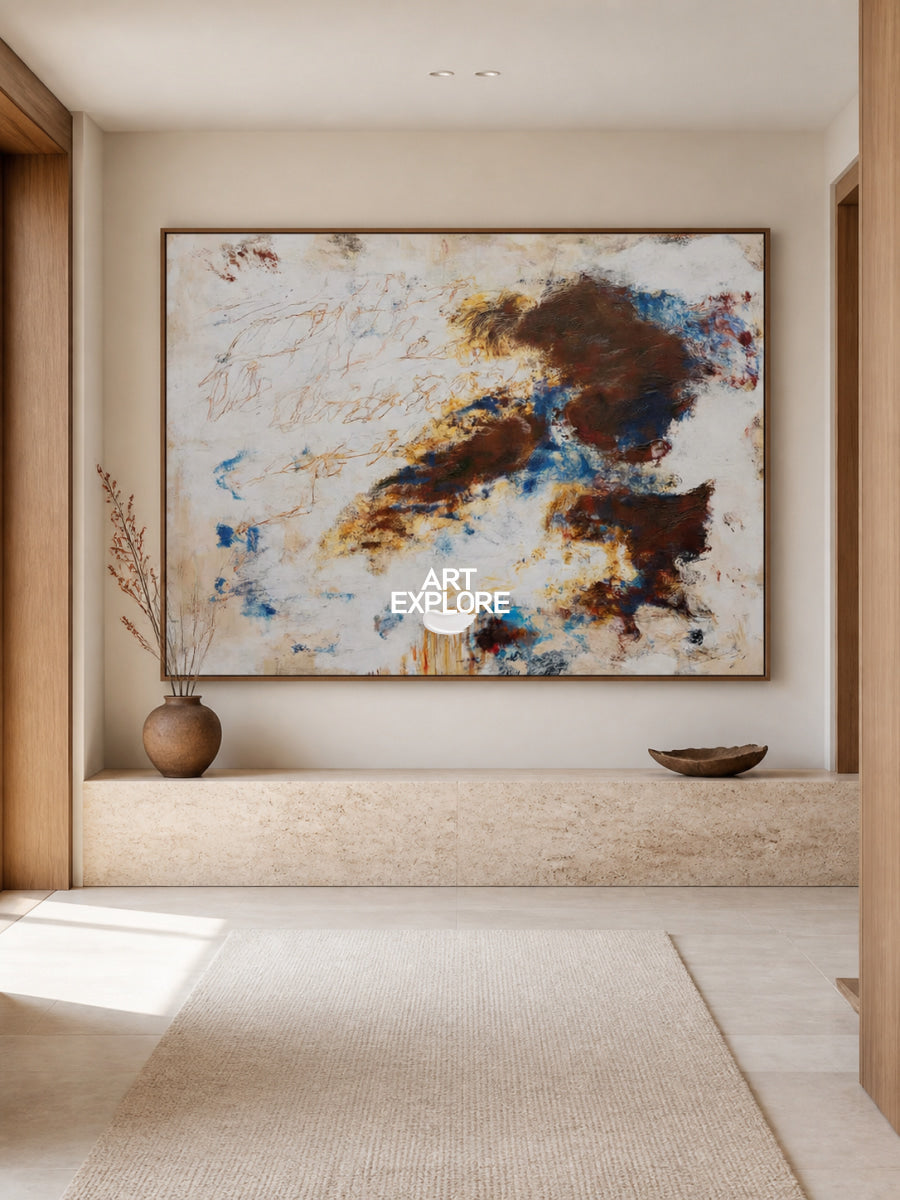 Brown And Blue Abstract Canvas Painting With Doodle Lines For Modern Wall Art
