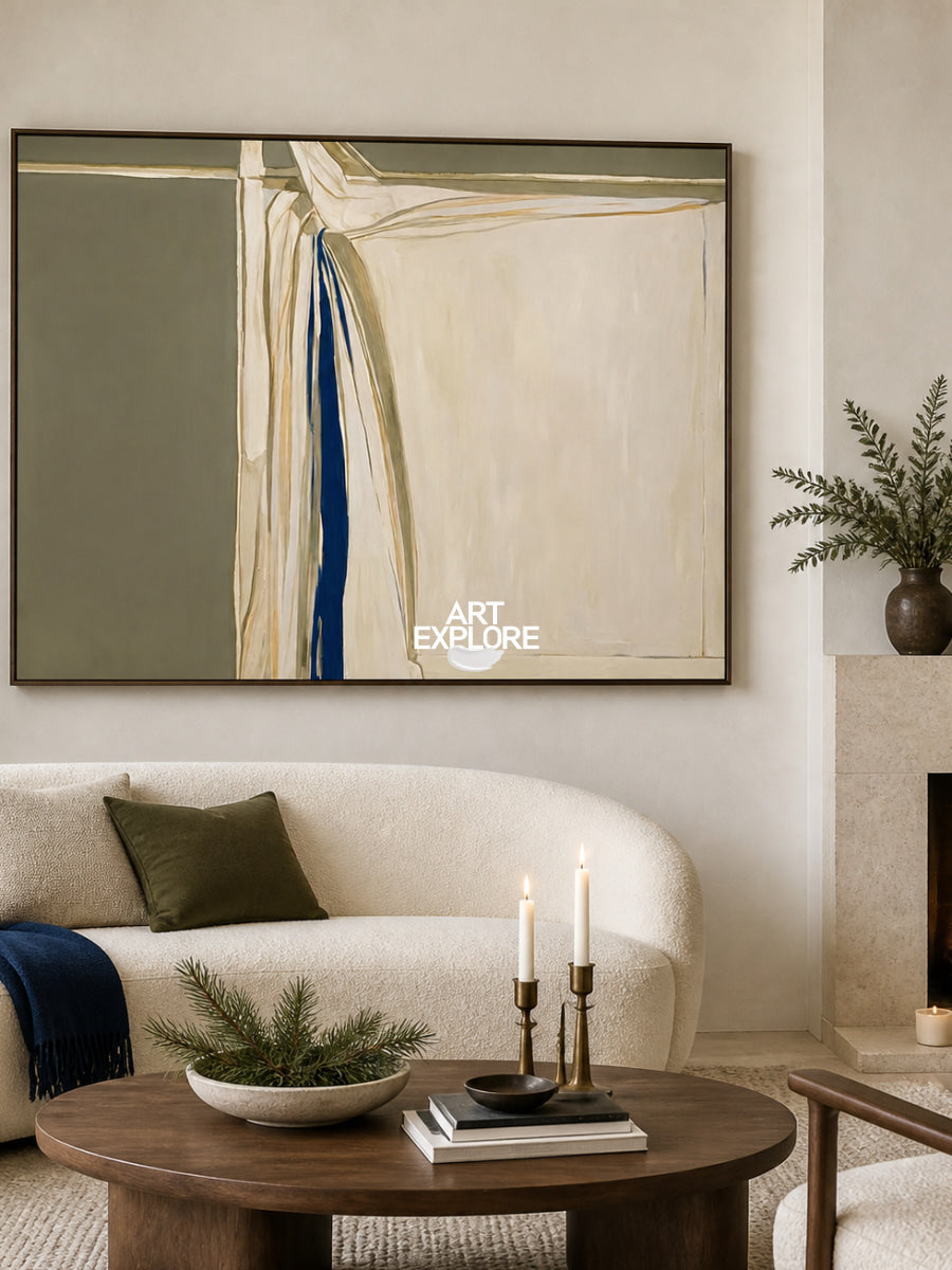 Abstract Beige And Green Canvas Painting Hand-Painted Wall Art For Modern Home