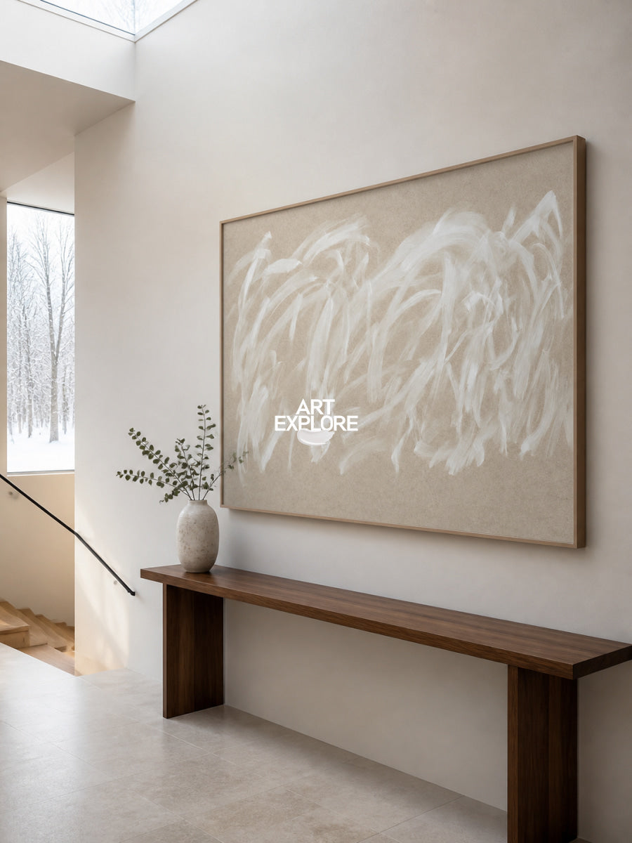 Abstract Beige And White Hand-Painted Canvas Wall Art For Modern Home Decor