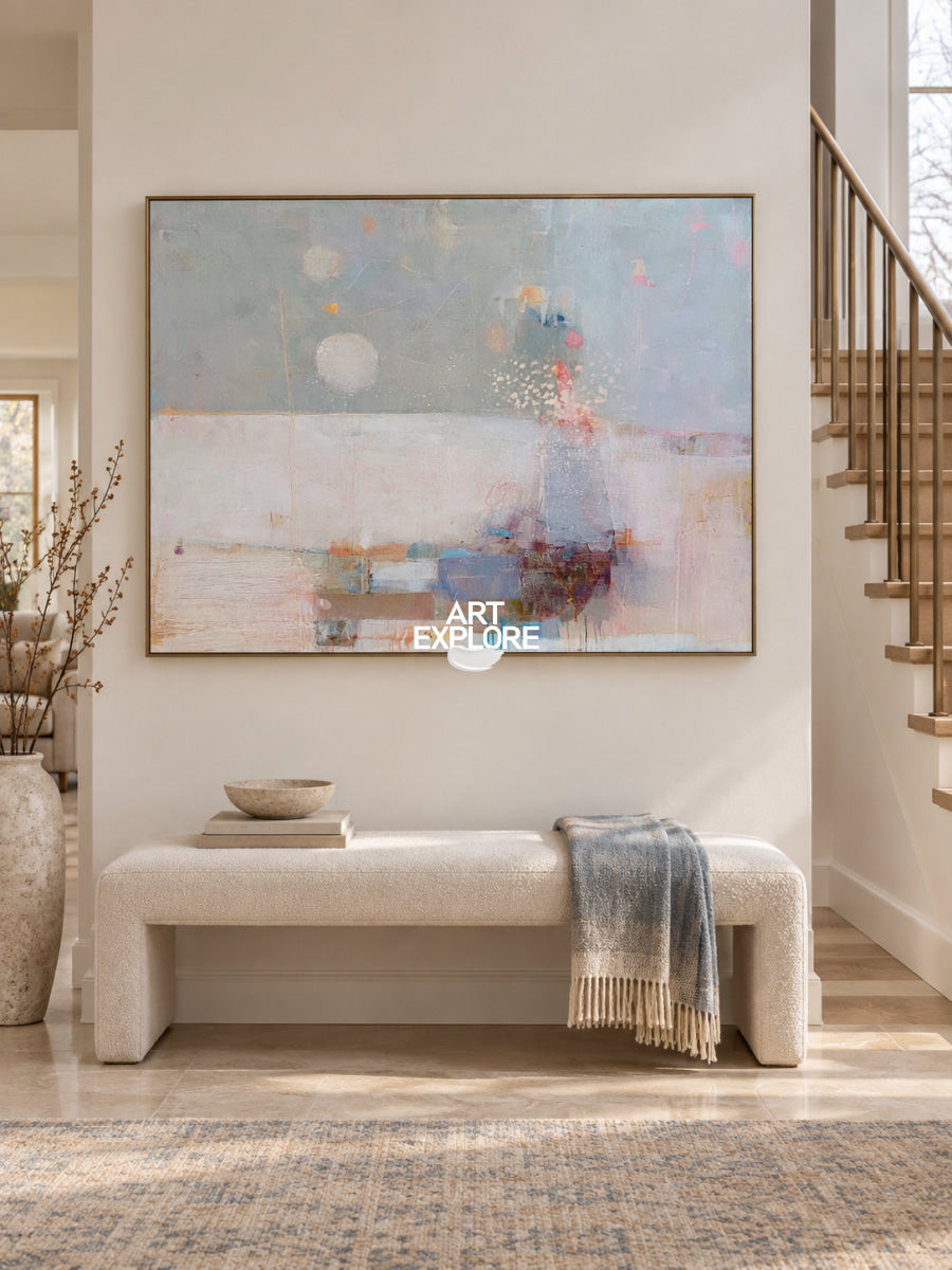 Abstract Pink And Blue Canvas Painting Hand-Painted Wall Art For Modern Home