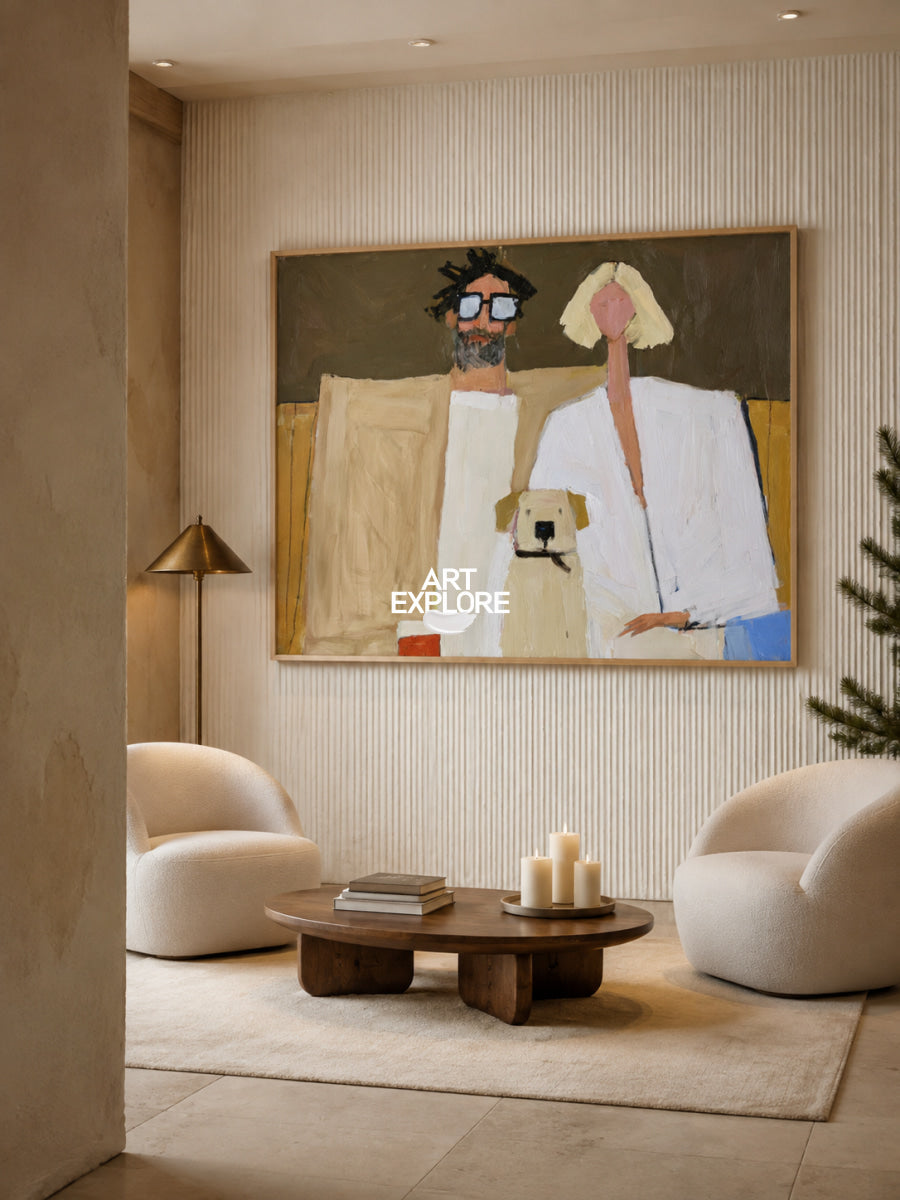 Minimalist Contemporary Art With Dog And Couple Warm Earthy Colors