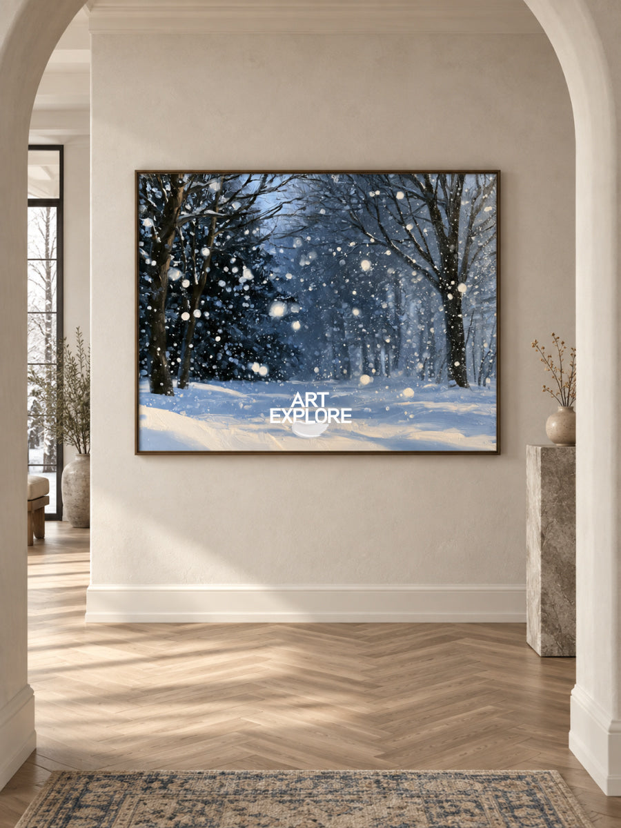 Abstract Winter Forest Landscape Hand-Painted Canvas Art In Blue And White