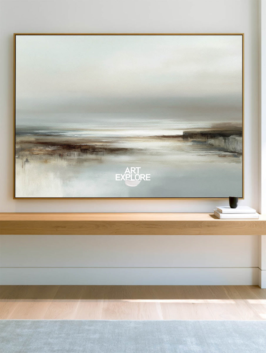 Abstract Grey Seascape Art Horizontal Canvas Painting For Modern Living Room Decor