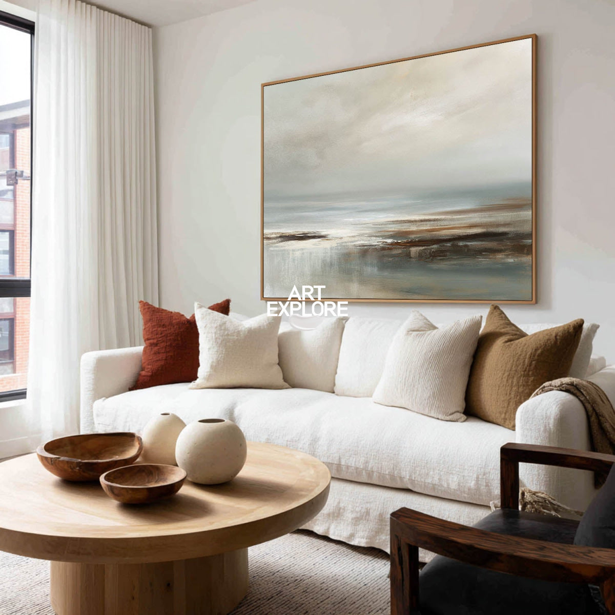 Wabi Sabi Coastal Landscape Painting In Grey And Beige For Modern Living Room Decor