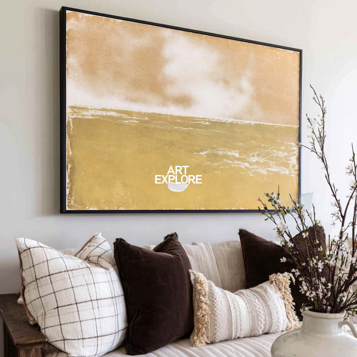 Original Minimalist Seascape Art In Gold And White For Living Room Wall