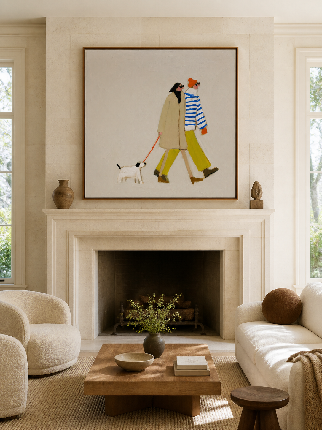 Dog Walking Couple Artwork Square Canvas Print With Vibrant Accents For Entryway
