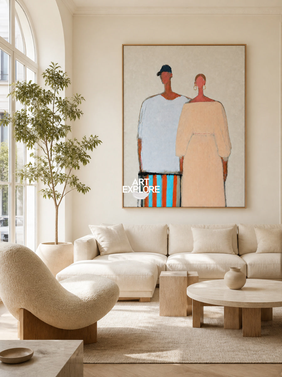 Abstract Figure Painting In Beige And Blue And Beige For Living Room Wall Art