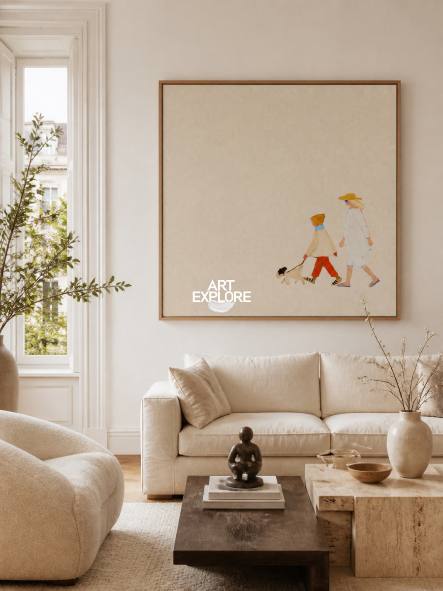 Minimalist Mother Child Dog Painting Beige Square Canvas Wall Art For Nursery
