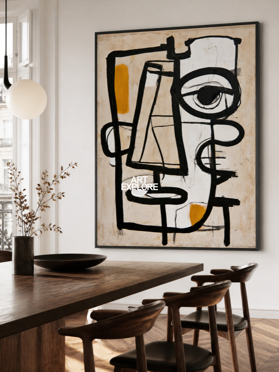 Abstract Eye Canvas Painting Minimalist Black Beige Line Art