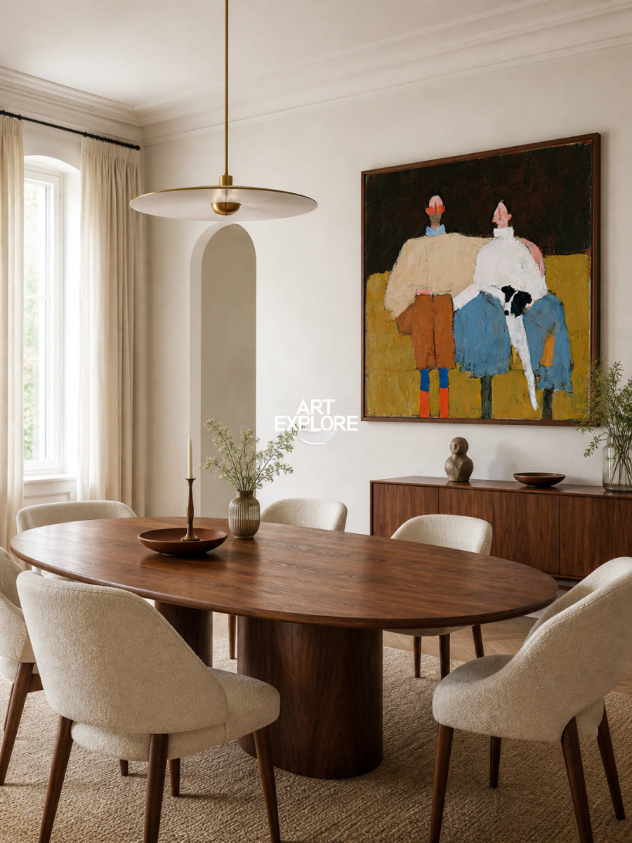 Contemporary Square Oil Painting Of Couple With Pet In Brown Blue For Living Room Decor
